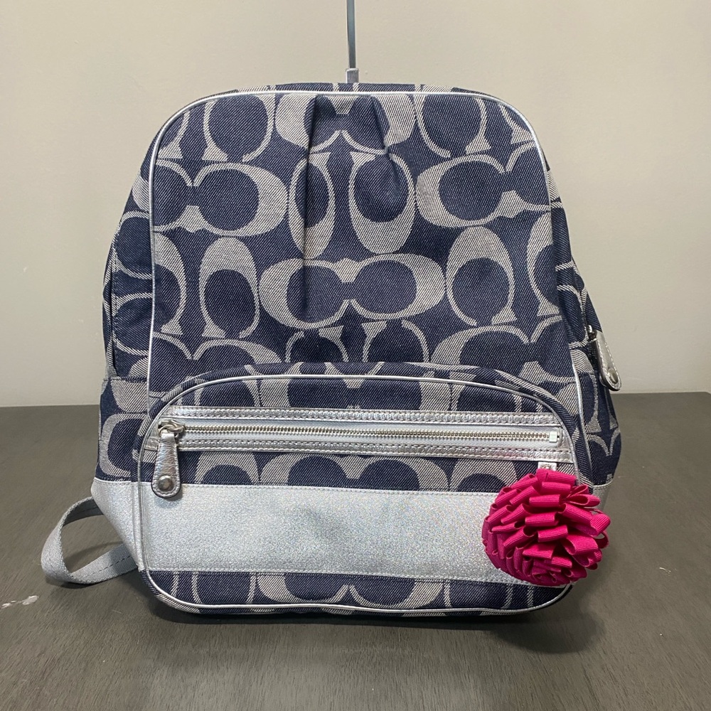Rare Coach Signature Denim Blue with Silver Logo Backpack Book Bag 77171